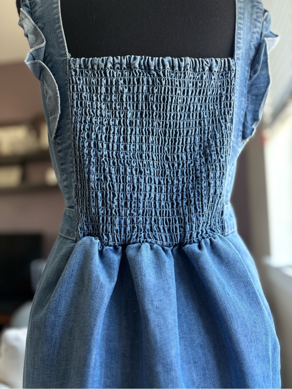 Japna Sleeveless Light Blue Denim Mini Dress Ruffle Straps Pockets Smocking - Picture 8 of 16